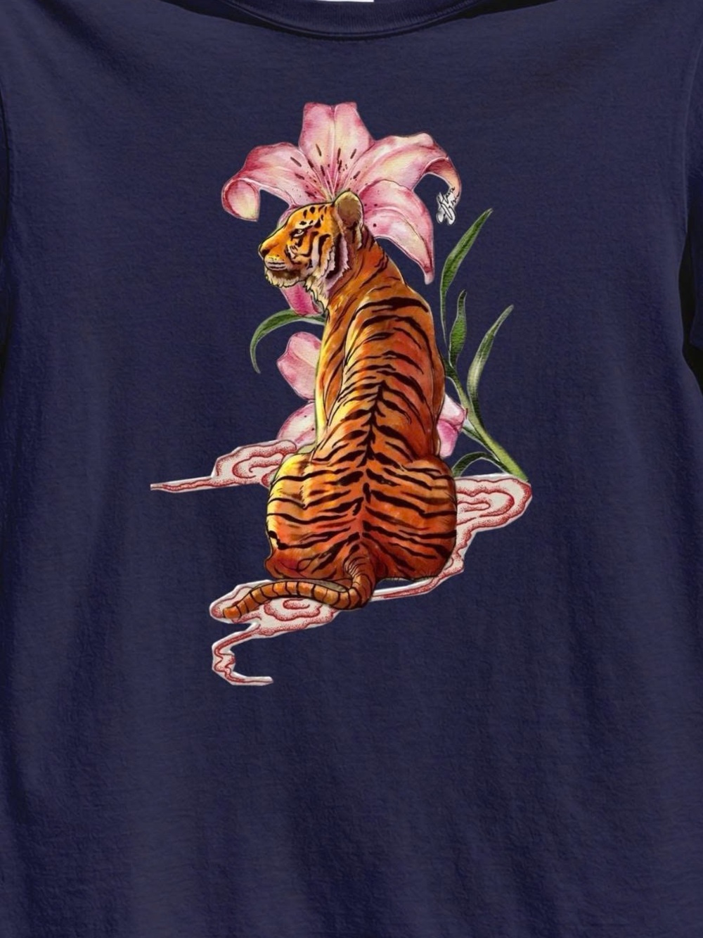 Gildan Navy Tee with Orange Tiger and Pink Lily Art - Picture 2 of 2